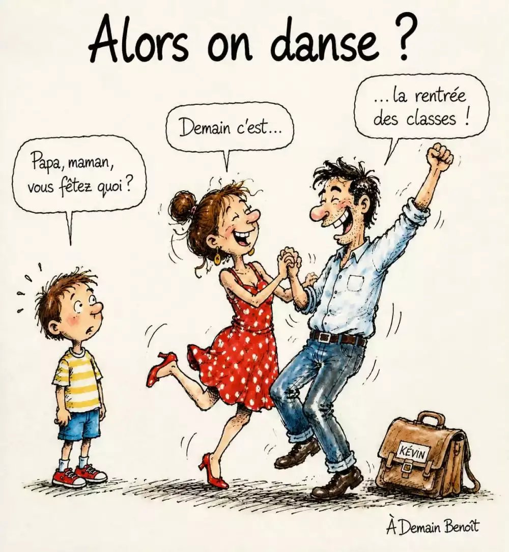 Dessin humoristique À Demain Benoît montrant des parents qui dansent de joie pour la rentrée des classes