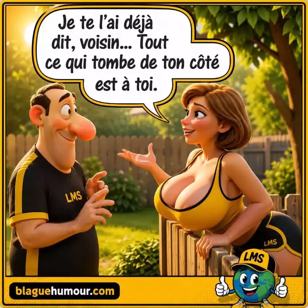 Dessin humoristique de deux voisins discutant par-dessus une clôture de ce qui tombe de chaque côté