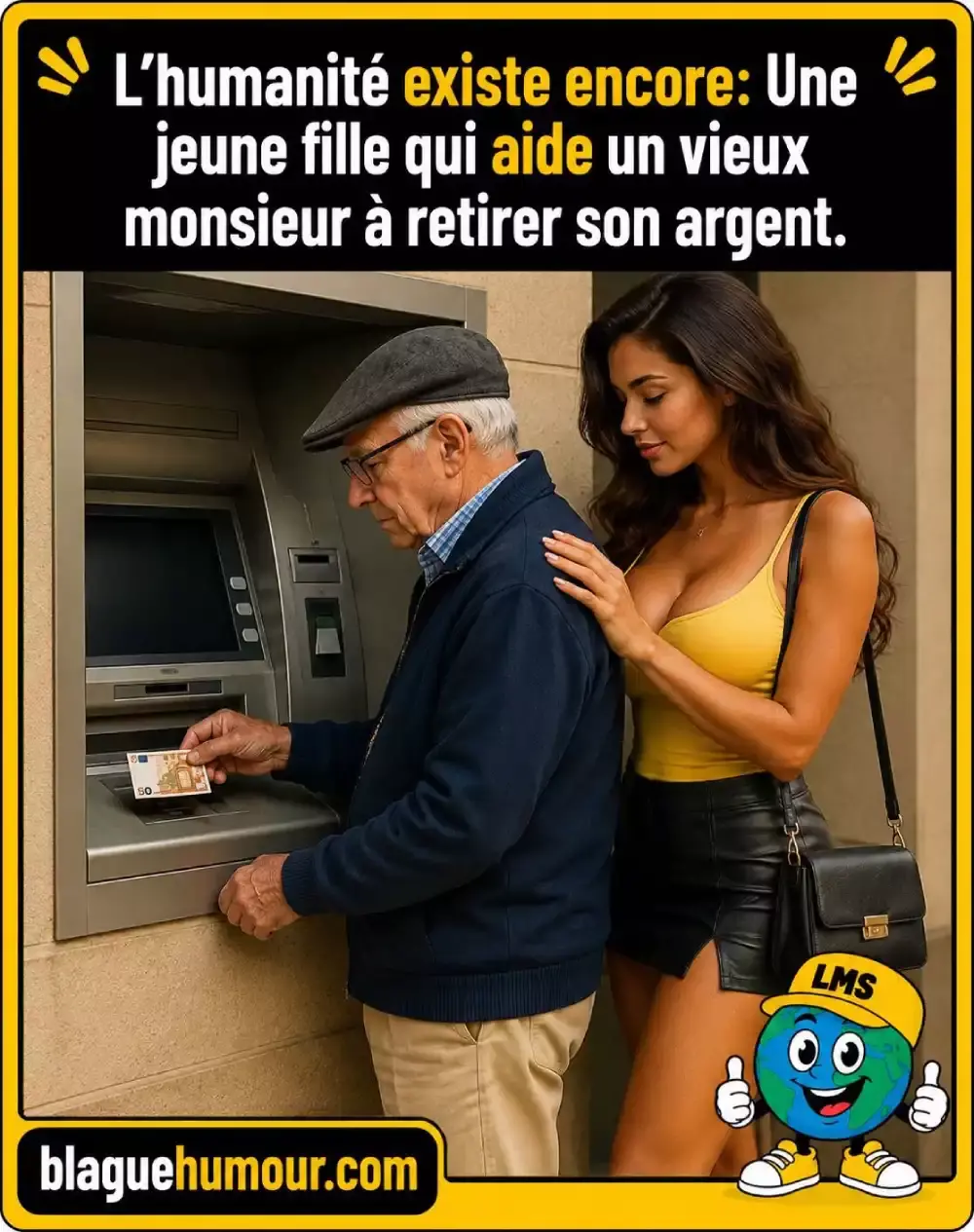 L’humanité existe encore – une jeune femme aide un vieux monsieur à retirer son argent au distributeur