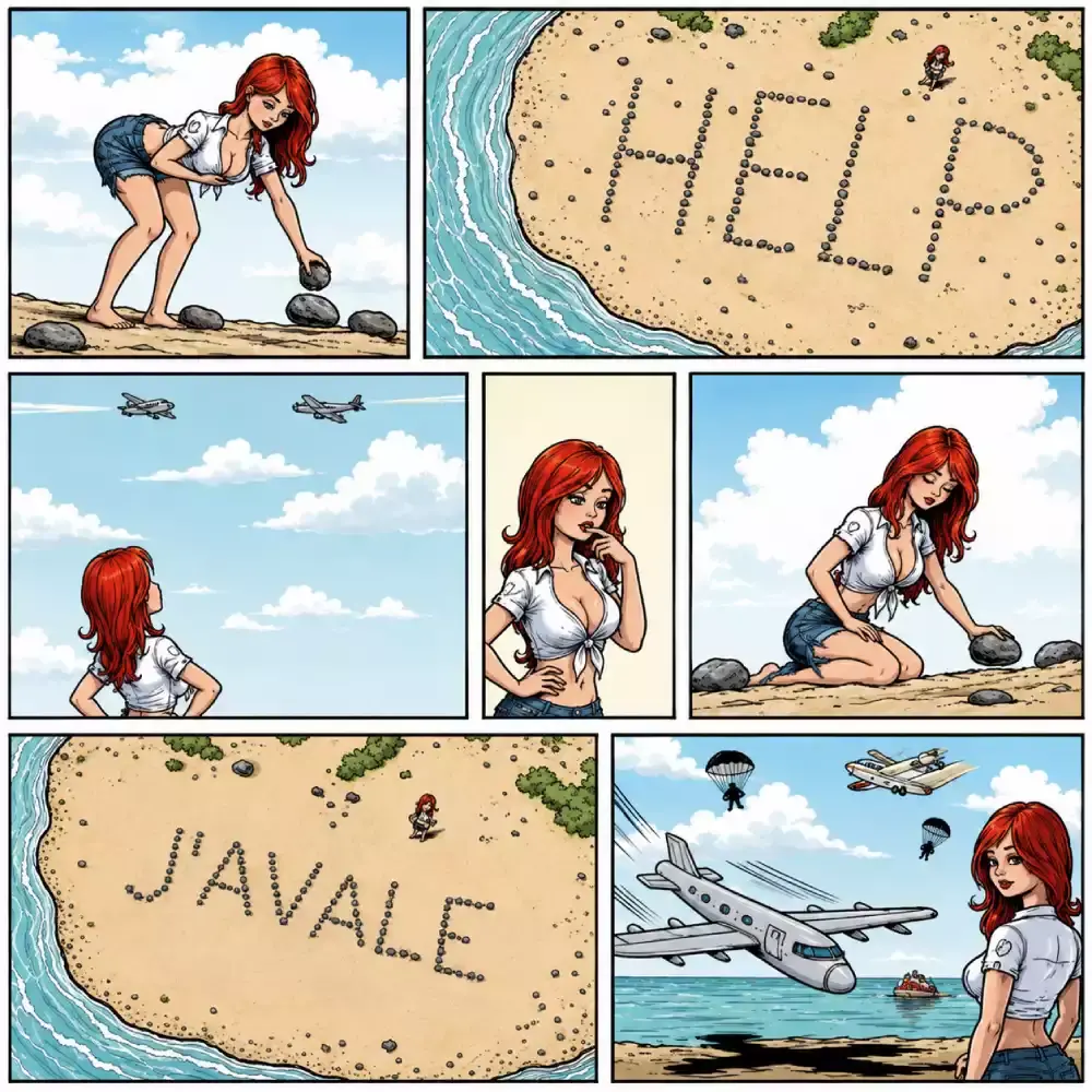Dessin humoristique d'une naufragée sur une île déserte qui trouve un message très efficace pour attirer les secours