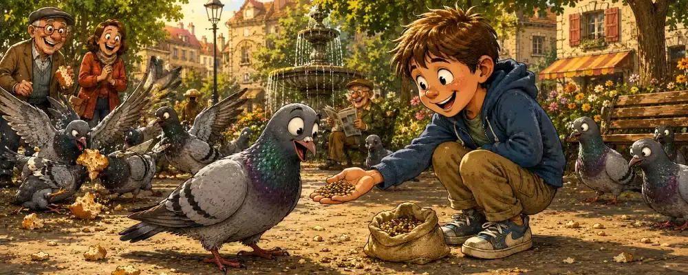 Un garçon tend des graines à Gaston, le pigeon allergique au pain, sur une place de village