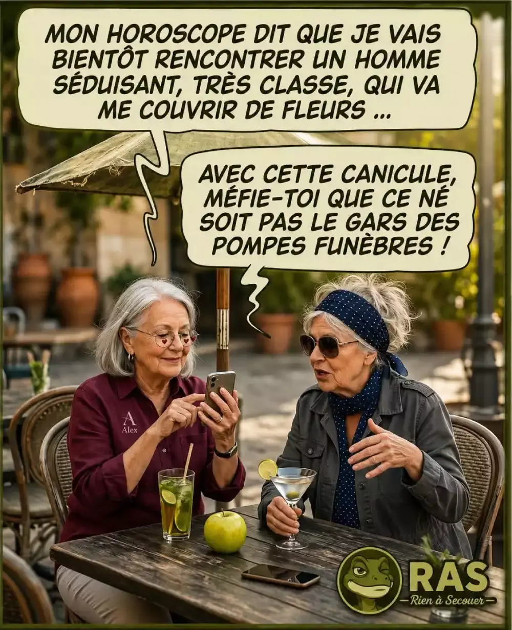 Blague horoscope et canicule avec deux femmes plaisantant sur une rencontre avec un homme des pompes funèbres