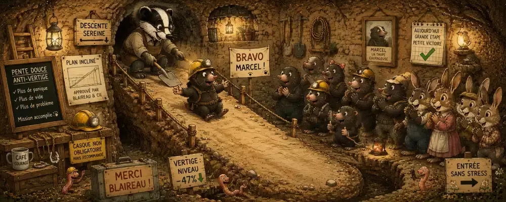 Marcel la taupe descend une pente douce construite par un blaireau sous les applaudissements des animaux